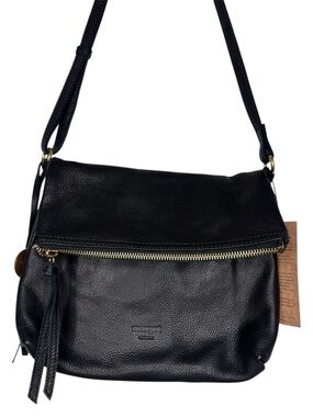 Margot Black Leather Fold-Over Crossbody with Gold Hardware